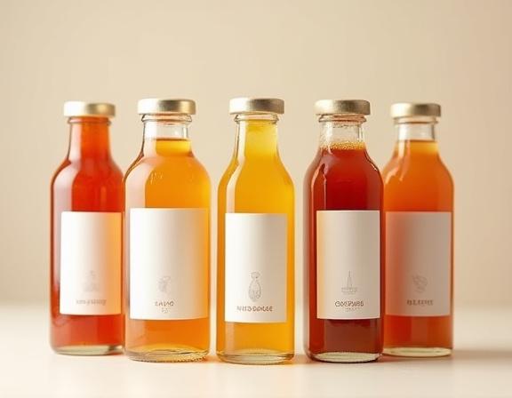 A lineup of artisanal sauce and marinade bottles with minimalist labels.